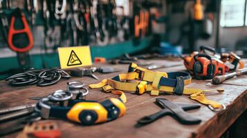 A workshop scene with safety gear and tools organized on a wooden table photo