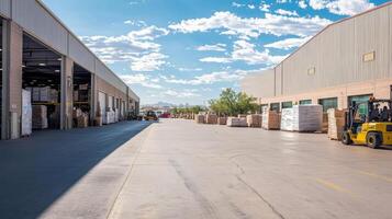 A warehouse loading area with pallets and a forklift under a blue sky photo
