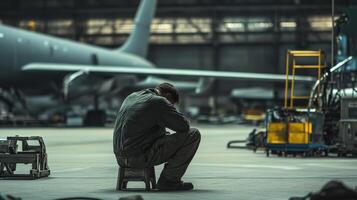 A solitary figure sits on a stool in a hangar, reflecting amidst industrial surroundings photo