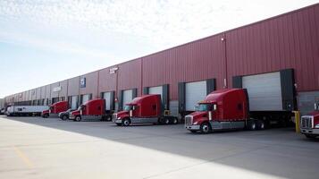 A row of red trucks parked outside a warehouse with loading docks photo