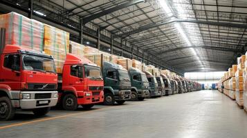 A warehouse filled with trucks and stacked goods, showcasing logistics and transportation photo
