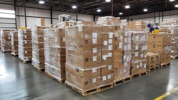 A warehouse filled with stacked boxes on pallets, indicating storage and logistics operations photo