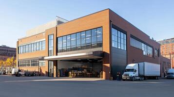 Modern industrial building with large windows and loading area for logistics and manufacturing photo