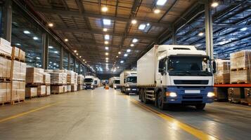 Trucks maneuvering in a spacious warehouse filled with pallets photo