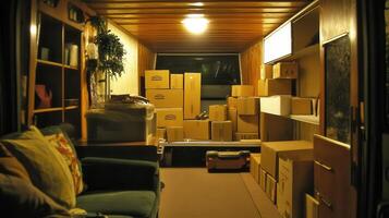 A cluttered interior space filled with stacked boxes and a couch, suggesting moving or storage photo