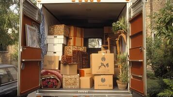 A packed moving truck filled with boxes and items ready for transport photo