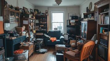 A cluttered living room filled with various items and furniture, creating a chaotic atmosphere photo