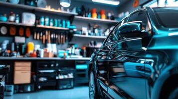 A sleek car parked in a well-organized garage filled with tools and equipment photo