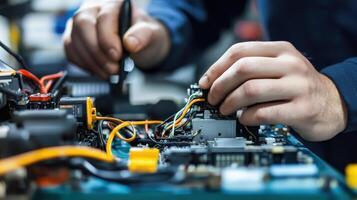 A technician working on electronic components and circuitry in a workshop photo