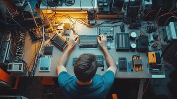 A person working on electronics at a cluttered workstation with various components photo