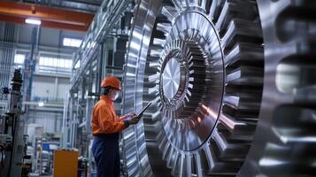 A worker inspects a large industrial gear in a manufacturing facility photo