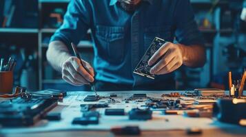A person repairing electronic components on a workspace filled with tools and gadgets photo