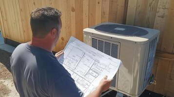 A person examines blueprints next to an outdoor air conditioning unit photo