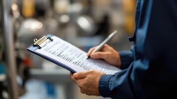 A person reviewing a clipboard with a checklist in an industrial setting photo