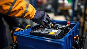 A worker inspects a battery in a workshop setting, focusing on maintenance and safety photo