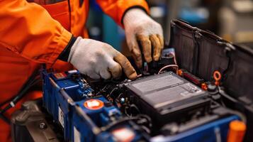 A technician working on a vehicle battery in a workshop photo