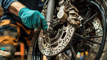 A mechanic working on a motorcycle brake system in a workshop photo