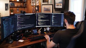 A person coding at a multi-monitor setup in a modern workspace photo