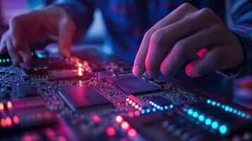 A close-up of hands working on a circuit board with colorful lights photo