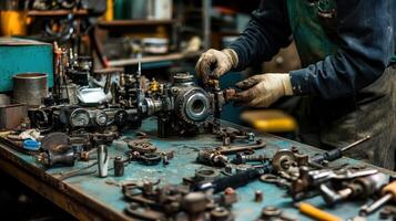 A mechanic repairs machinery in a cluttered workshop filled with various tools and parts photo