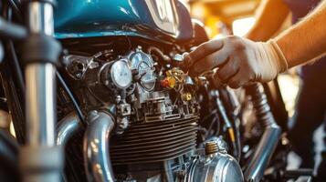 A mechanic adjusts the carburetor of a motorcycle in a workshop setting photo