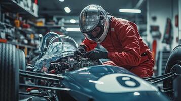 A mechanic in a helmet works on a vintage racing car in a workshop photo