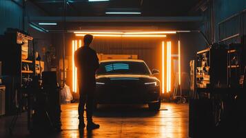A silhouette of a person in a workshop, illuminated by neon lights and a car in the foreground photo