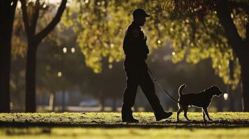 A silhouette of a police officer walking a dog in a park during sunset photo