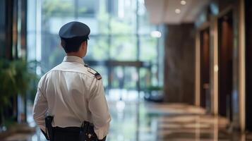 A security officer stands in a modern lobby, observing the surroundings photo