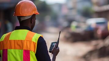 A construction worker in a safety vest and helmet uses a radio on a worksite photo