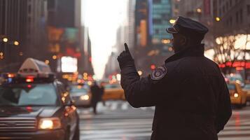 A police officer directing traffic in a busy urban street with cars and pedestrians photo
