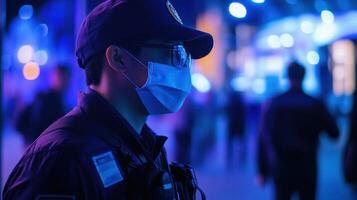 A police officer wearing a mask stands in a vibrant, illuminated environment photo