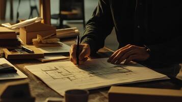 A person sketches architectural plans on a desk filled with tools and materials photo