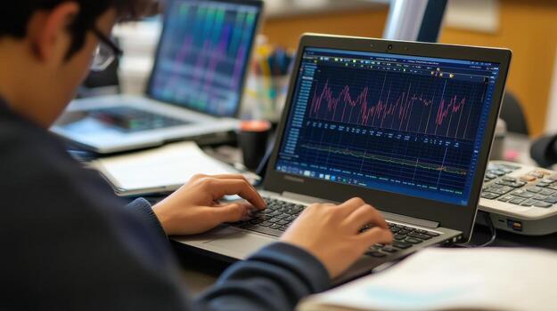 A student analyzes data on a laptop, focusing on graphs and statistics photo