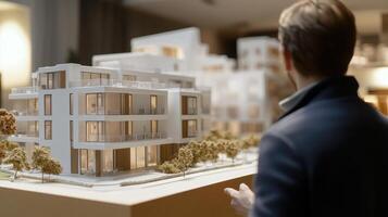 A person examines a detailed architectural model of modern buildings in an indoor setting photo