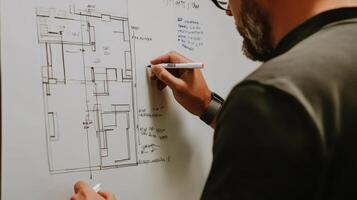 A person drawing architectural plans on a whiteboard with notes and annotations photo