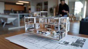 A detailed architectural model of a modern home displayed on blueprints photo