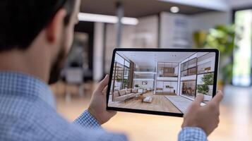 A person holds a tablet displaying a modern interior design visualization photo