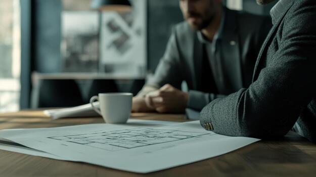 dos profesionales que se discute un Plano terminado café en un moderno espacio de trabajo foto