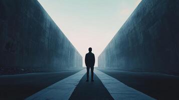 A solitary figure stands between towering concrete walls, evoking a sense of isolation photo