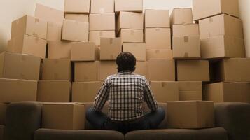 A person sitting on a couch, facing a wall of stacked cardboard boxes, contemplating photo