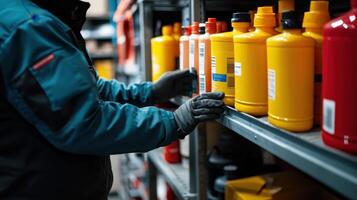 A person organizing colored containers on a shelf in a storage area photo
