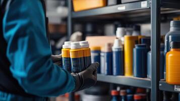 A person holding yellow and blue bottles in a storage area filled with similar containers photo
