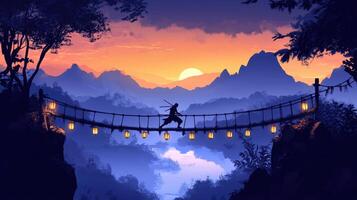 A silhouette of a figure crossing a bridge at sunset, surrounded by mountains and trees photo