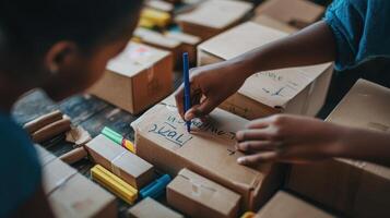 Two individuals labeling cardboard boxes with colorful markers for organization or packing photo