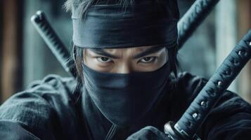 A focused ninja prepares for action, showcasing stealth and determination photo