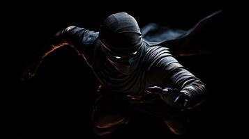 A shadowy figure in a ninja-like outfit, poised for action against a dark backdrop photo
