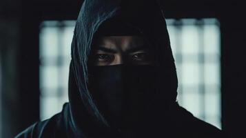 A mysterious figure in a dark hood and mask, evoking a sense of intrigue and stealth photo