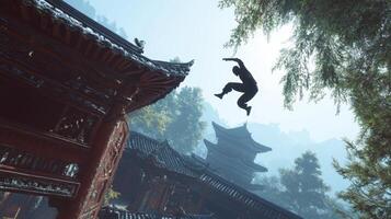 A silhouette leaps between traditional Asian architecture in a serene, misty environment. photo