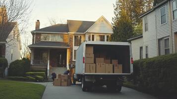 A moving truck is unloading boxes in a residential driveway during sunset photo